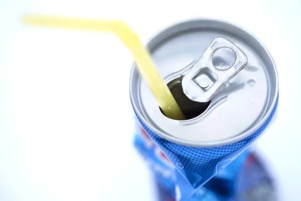 Isolated Crushed Soda Can with Straw — Stock Photo, Image