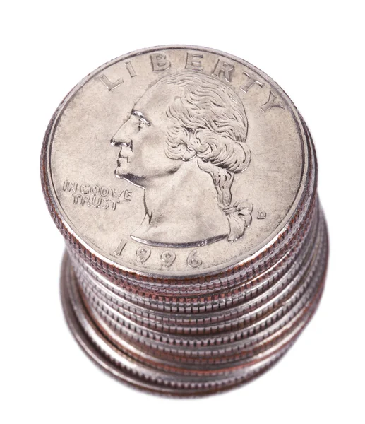 Isolado Quarter Dollar Moeda Stack — Fotografia de Stock