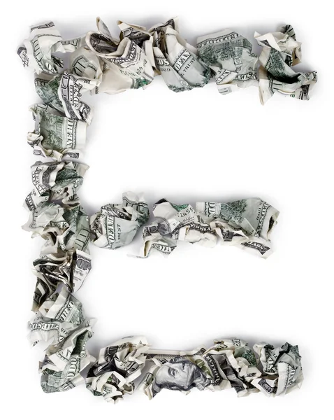 Letter E - Crimped 100 us dollar Bills — Stock Photo, Image