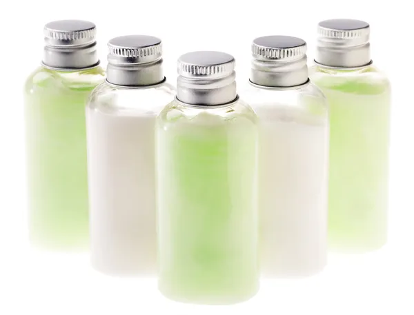 Isolated Green and White Lotion Bottles — Stock Photo, Image