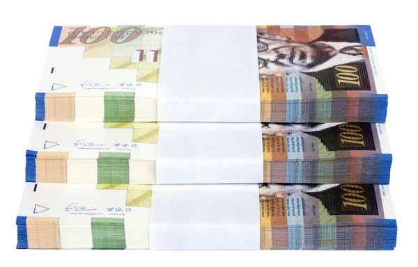 Isolated 100 NIS Bills Criss-Cross Stacks — Stock Photo, Image