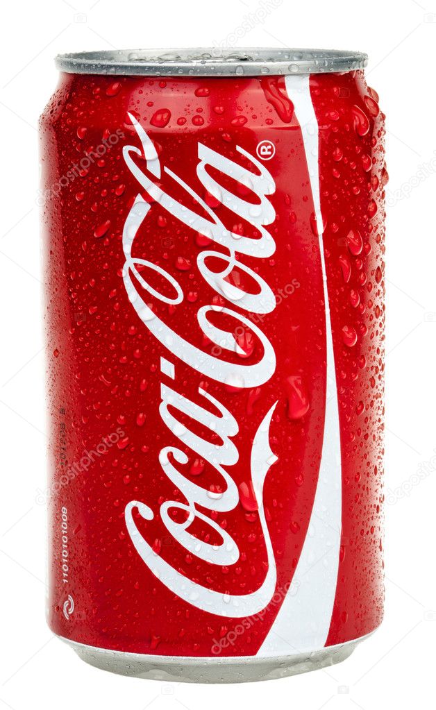 Tel-Aviv, Israel - 20th, March 2011. A high angle shot of a cold 0.33L Original Coca-Cola can, sweating drops of water due to its friskiness. Isolated on white background.
