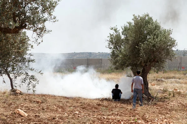Palestinos por el gas lacrimógeno y el muro de separación — Foto de Stock