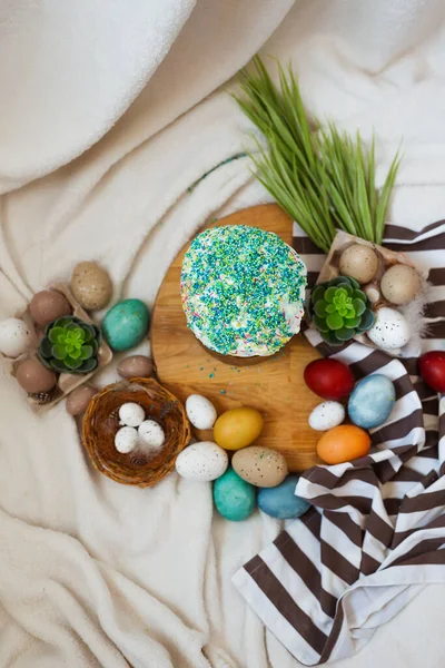 Traditional Easter cake and painted eggs on white background. Space for text — Stock Photo, Image