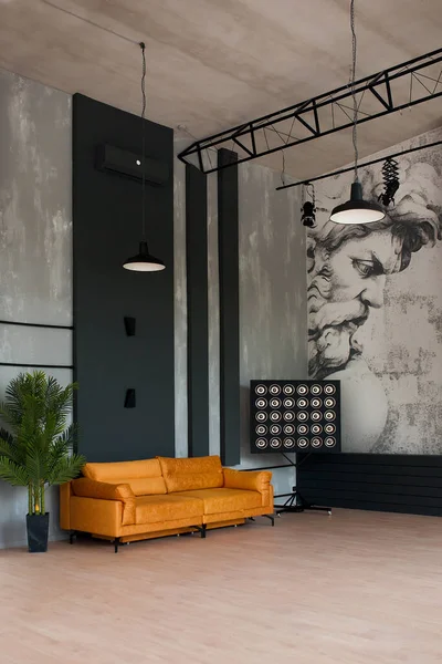 Moderna sala de estar loft con techo alto, paredes negras y grises, suelo de madera, muebles de diseño y planta tropical. —  Fotos de Stock