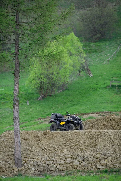 Egy négykerekű quad kerékpár áll tétlenül a zöld füvön, fák és egy hegy a háttérben. — Stock Fotó