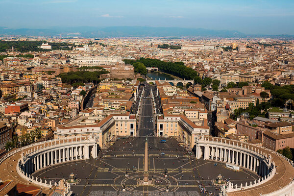 Aerial view of Rome, Italy. Piazza San Pietro St Peter square in Vatican City. Nice panorama of Rome streets. Sight to old Rome from papal basilica