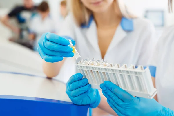 Wykształcenie Medyczne Naukowe Dłonie Asystentów Laboratoryjnych Trzymających Stojak Próbkami Analizy — Zdjęcie stockowe