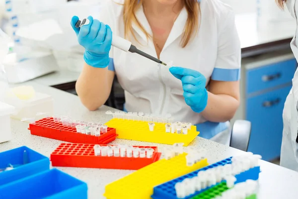 Pipeta Wrzuca Próbkę Probówki Asystent Laboratoryjny Analizujący Krew Laboratorium — Zdjęcie stockowe