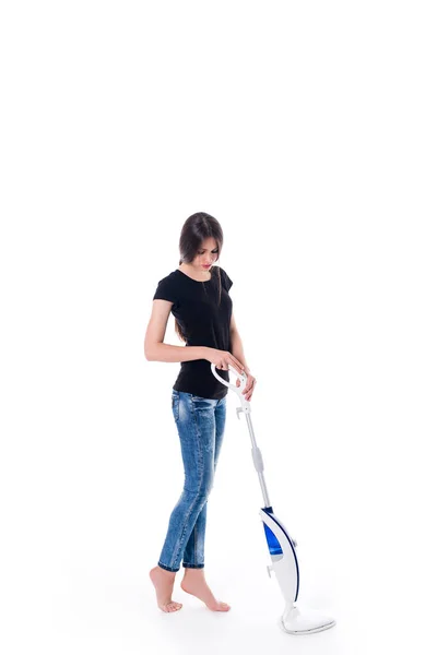 Young Woman Cleaning Floor Modern Steam Cleaner Isolated Image White — Stock Photo, Image