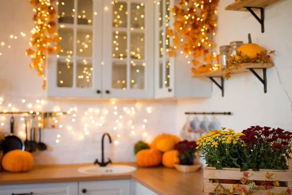 Autumn kitchen interior. Red and yellow leaves and flowers in the vase and pumpkin on white background.