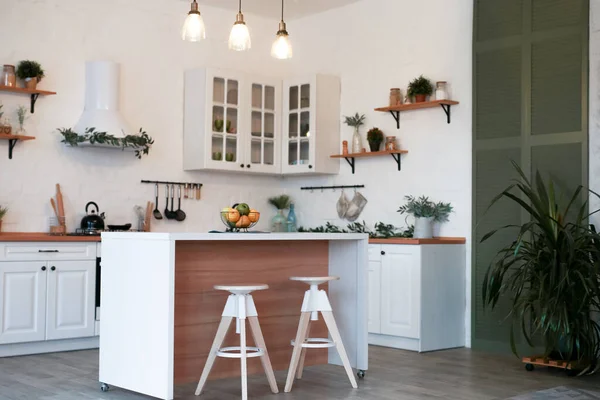 Interior Cozinha Moderna Com Ilha Pia Armários Nova Casa Luxo — Fotografia de Stock