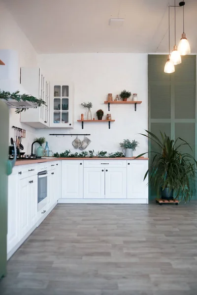 Moderní Kuchyně Interiér Ostrovem Umyvadlo Skříně Velké Okno Novém Luxusním — Stock fotografie