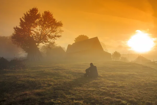 Foggy morning sunrise landscape