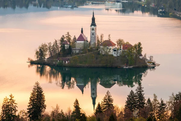Beautiful Cozy Lake Bled Church Island Background Castle Morning Lights — Stock Photo, Image