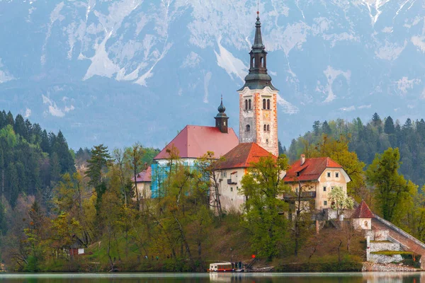 Beautiful Cozy Lake Bled Church Island Background Castle Morning Lights — Stock Photo, Image