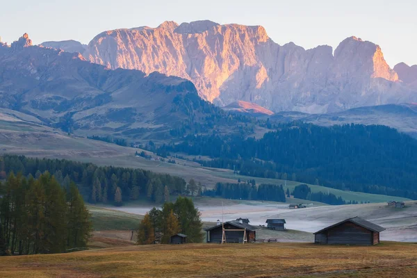 Alpe Siusi Seiser Alm Prado Alpino Con Hermoso Amanecer Fondo —  Fotos de Stock