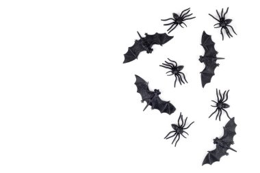 Cadılar Bayramı süslemeleri örümcekler, yarasalar, kullanışlı aksesuarlar beyaz arka planda