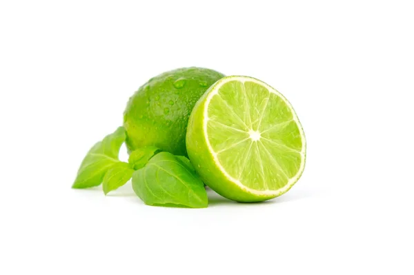 Friss Érett Zöld Mész Egészben Félbevágva Vitaminban Gazdag Gyümölcs Egzotikus — Stock Fotó