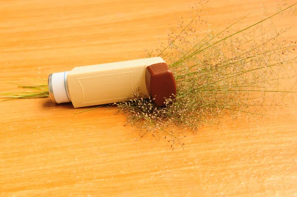 Asthma inhaler and grass flower on white background — Stock Photo, Image