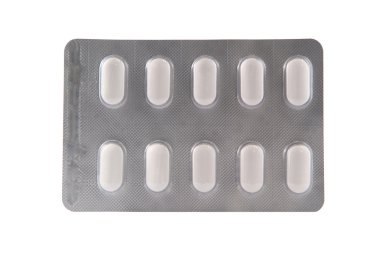 şeffaf blister kutu içinde uzun beyaz tablet