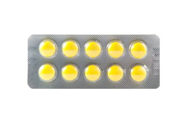 şeffaf blister kutu içinde sarı kaplamalı tablet