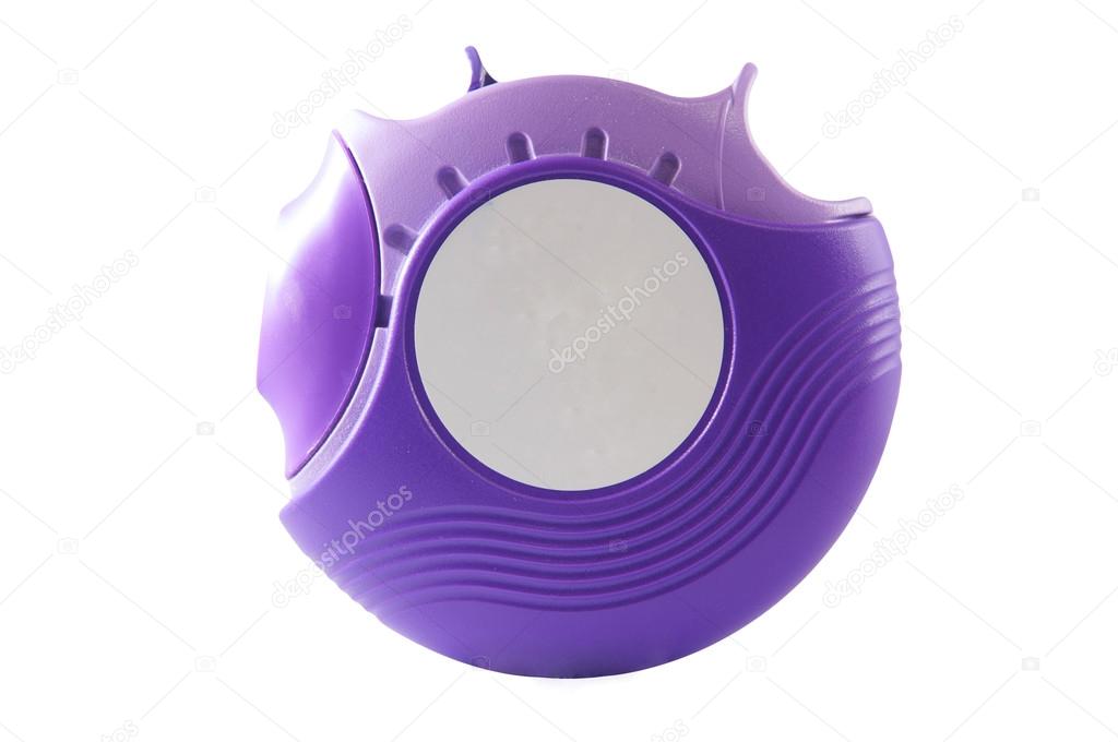 Purple powder asthma inhaler on white background — Stock Photo