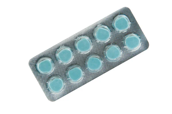 Blue tablet in transparent blister pack — Stock Photo, Image