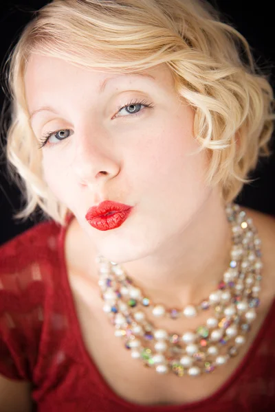 Portrait of a beautiful girl with red lipstick — Stock Photo, Image