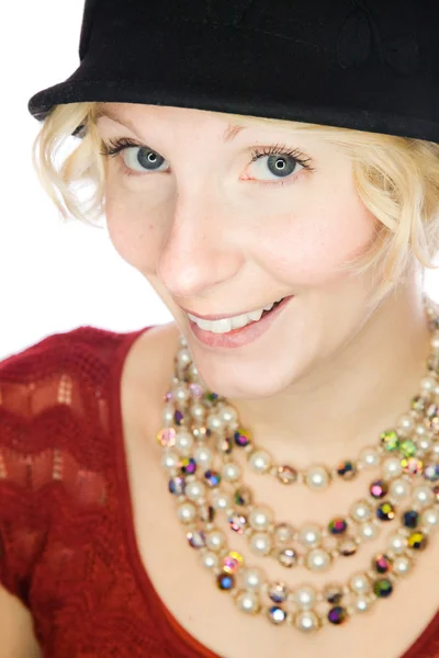 Portrait of a beautiful girl in a black hat — Stock Photo, Image