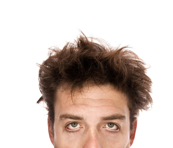 Exhausted man isolated on white