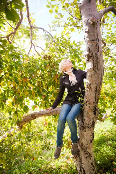 Meisje, zittend op een boomtak — Stockfoto