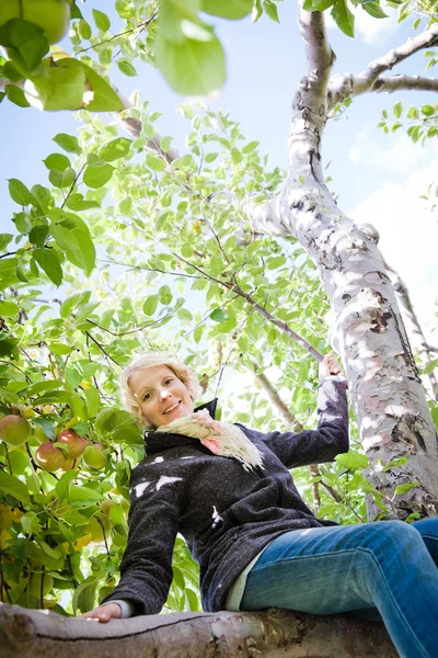 Meisje, zittend op een boomtak — Stockfoto