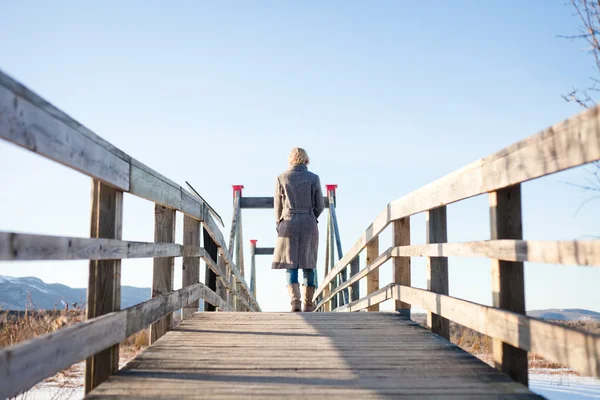 Девушка на мосту в поле — стоковое фото