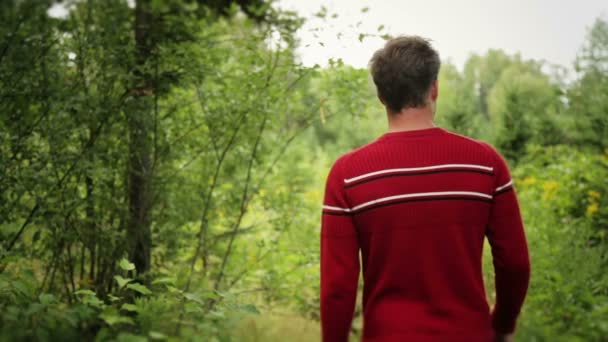 Молодой человек потерялся в лесу — стоковое видео