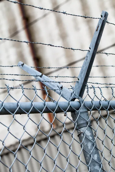 Keskin barbwire yükleme detayını açık çit — Stok fotoğraf