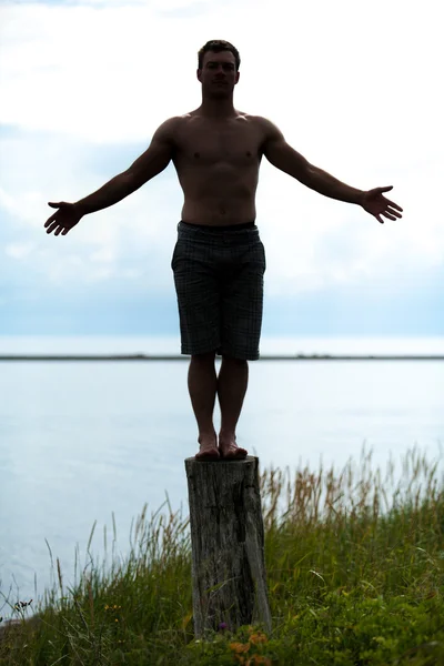 Sylwetka człowieka robi joga na pniu w przyrodzie — Zdjęcie stockowe