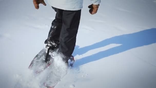 Mujer solitaria raquetas de nieve en la naturaleza en un hermoso día de invierno — Vídeo de stock