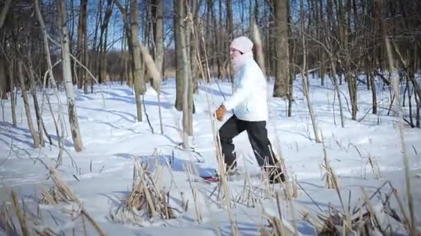 Mujer solitaria raquetas de nieve en la naturaleza en un hermoso día de invierno — Vídeos de Stock