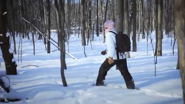 Mujer solitaria raquetas de nieve en la naturaleza en un hermoso día de invierno — Vídeos de Stock
