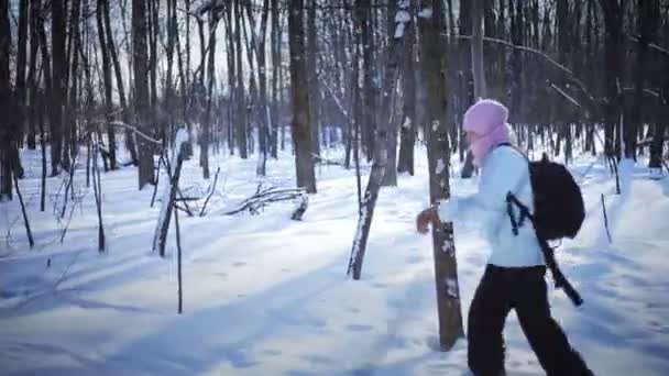 Hótalpas túra a természetben, egy szép téli napon magányos nő — Stock videók