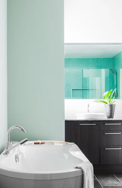 Baño moderno con colores pasteles verdes suaves — Foto de Stock