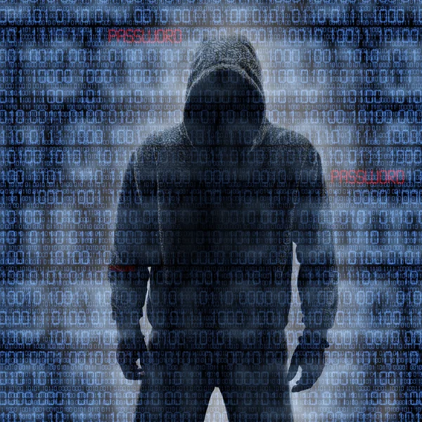 Hacker in Silhouette und Binärcodes — Stockfoto