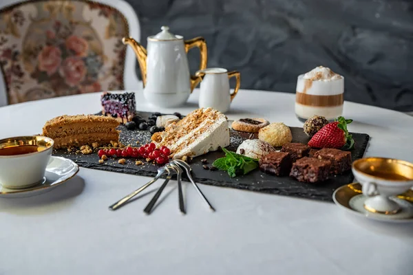 Assorted Cakes Desserts Tea Drinking Stockfoto