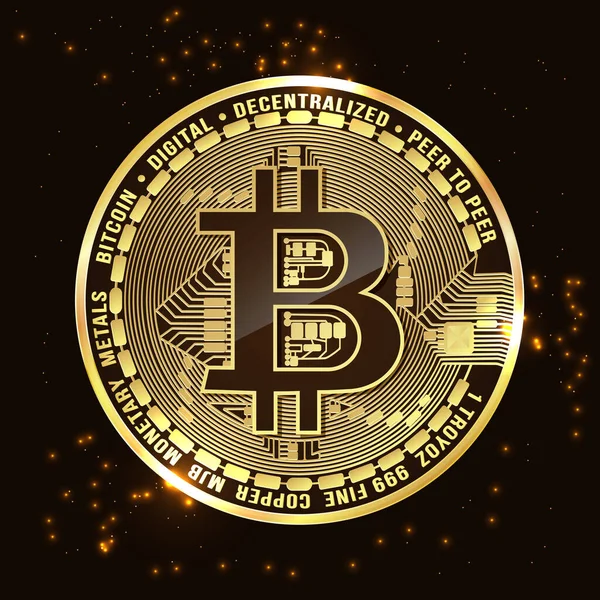 Vektör çizimi, siyah arkaplan üzerine altın bitcoin. Parlak röfleli ve ışıltılı.