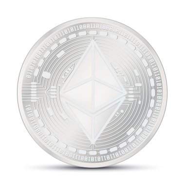 Beyaz arkaplanda vektör çizimi, gümüş Ethereum madeni para