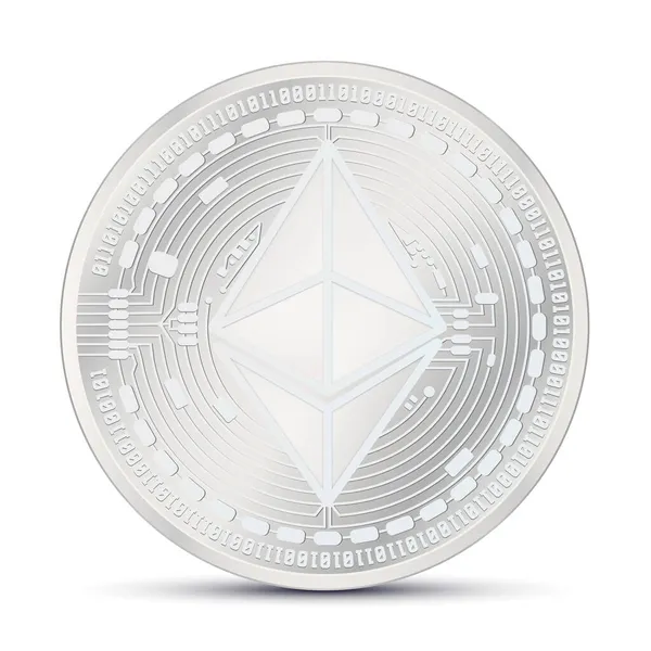 Beyaz arkaplanda vektör çizimi, gümüş Ethereum madeni para