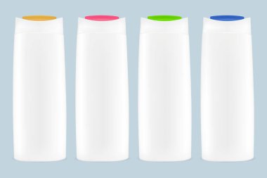 Vektör çizimi, renkli kapaklı beyaz plastik şampuan şişeleri..