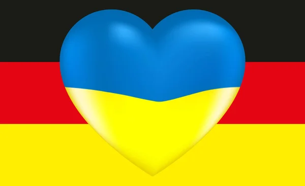 Vektör çizimi. Ukrayna bayrağının renklerinde, Almanya bayrağının arka planında röfleler olan bir kalbin gerçekçi görüntüsü. eps10.