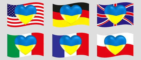 Vektör çizimi. Ukrayna bayrağı renginde, arka plan bayrakları Avrupa ve ABD 'de vurgulanmış bir kalp resmi. Eps 10